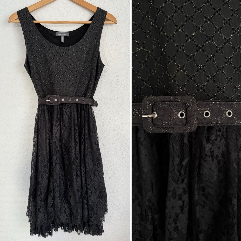 Gracia charcoal lace belted mini dress + gold metallic accent